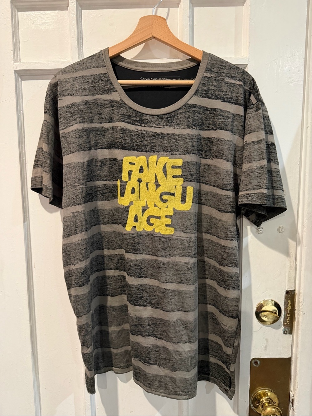 Calvin Klein Jeans Gray Striped Short-Sleeve Tee with Yellow Graphic